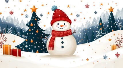 Cute Christmas snowman and tree in colorful flat cartoon style with stars and abstract vector elements on a white background.