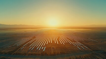 Aerial View of a Solar Panel Farm at Sunset with Mountains in the Background.