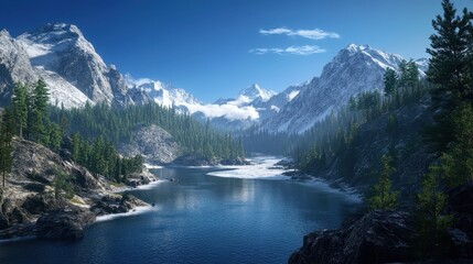 Naklejka premium Stunning Aerial View of a Serene Mountain River Valley with Snow-Covered Peaks, Lush Green Forests, and a Clear Blue Sky.