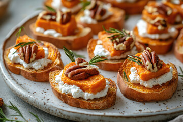 Sweet Potato Crostini with Goat Cheese, Pecans, and Rosemary
