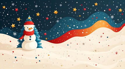 Festive snowman and Christmas tree in vibrant flat cartoon style, adorned with stars and abstract vector elements on a white background.