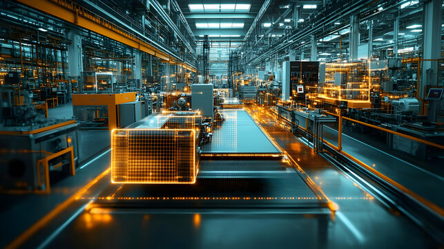 Modern factory with automated production line and digital overlay.