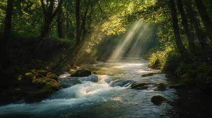 Obraz premium Sunbeams Illuminating a Serene Forest Stream - Tranquil Nature Scene