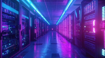 Futuristic Server Room with Neon Lights and Glowing Equipment.