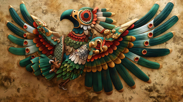 Artistic representation of the golden eagle, emblem of Mexico, perched on a cactus, devouring a snake, symbolizing the legendary founding of Tenochtitl&aacute;n and honoring the pre-Hispanic roots of Mexico.
