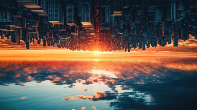 Upside Down Cityscape Reflection in Water at Sunset.