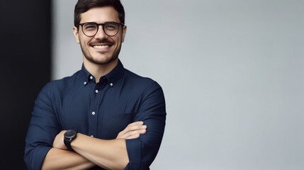 Portrait of a smiling, confident man wearing a smartwatch on his arm, a dark blue shirt, and glasses.
