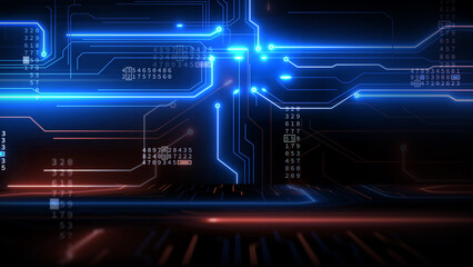 Digital cyberspace circuit board in neon glow lines with binary code particles network. Futuristic matrix data network connections. Digital graphic technology abstract background.