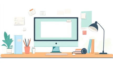 Online learning environment with a computer, headphones, and a virtual whiteboard session in progress