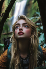 Naklejka premium Young explorer near a waterfall in the forest