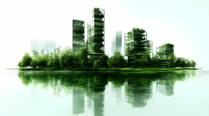 Obraz premium Modern green buildings with lush vegetation on an island reflected in calm water.
