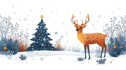 Modern Christmas card with abstract patterns, featuring a Christmas tree, deer, and decorative frames with space for greetings on a white backdrop