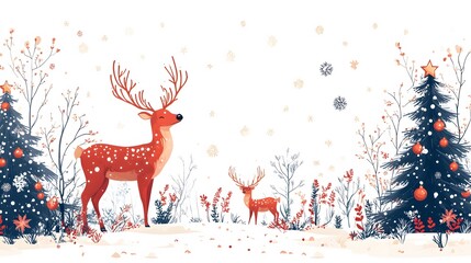 Stylish holiday card with abstract Christmas elements, a Christmas tree, deer, and decorative frame, on a clean white background with room for greetings