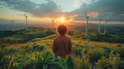 Wind Turbines on Green Hill Under Clear Sky