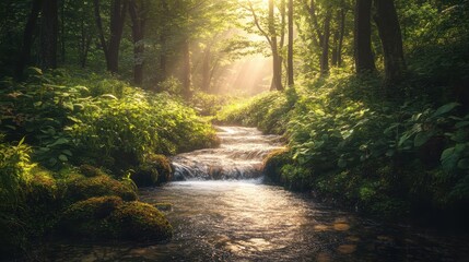 Obraz premium Sunbeams Illuminating a Tranquil Stream in a Lush Forest.