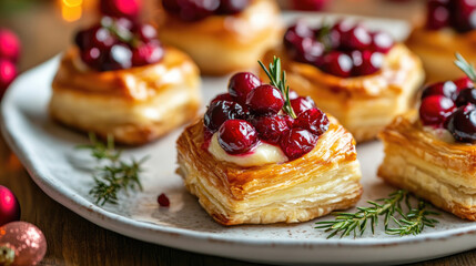 Cranberry Brie Puff Pastry Bites Garnished with Fresh Rosemary