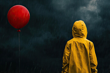 Person in Yellow Raincoat Facing Red Balloon in Dark Rainy Atmosphere
