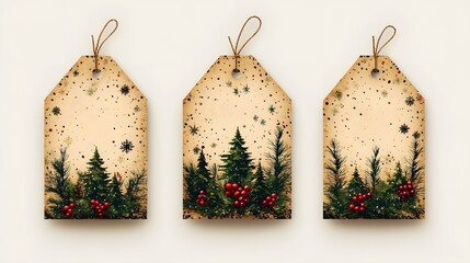 Brown Christmas tags vector design with holiday greetings in paper cut style, including Merry Christmas and Happy New Year, on a white background