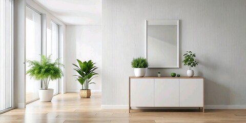 
white empty wall in the center close-up in the hallway, in a minimalist style, on the right there is a mirror and a cabinet, on the left there is a pot of herbs