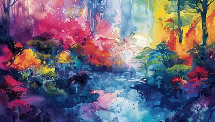 Fototapeta premium Biodiverse ecosystem teeming with life, Fantasy, Vibrant, Watercolor, Emphasizing natural variety