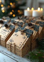 Christmas card featuring vector-designed brown tags with festive greetings, including Merry Christmas and Happy New Year, paper cut style on white