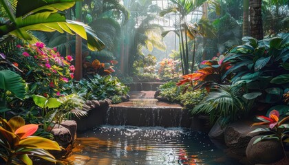Botanical garden with diverse plant species, Fantasy, Vibrant, Watercolor, Emphasizing educational beauty