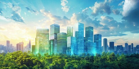 Obraz premium A vibrant skyline showcasing modern skyscrapers against a backdrop of blue skies and lush greenery.