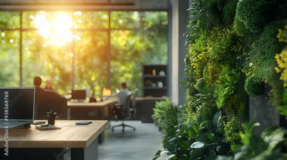 Poster Modern office with a green wall and a laptop on a desk.