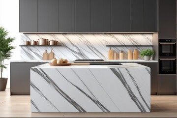 Close-up Marble granite kitchen counter island for product display on modern bright and clean kitchen space. 3d rendering, 3d illustration