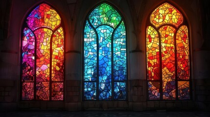 Fototapeta premium Cathedral stained glass windows, Fantasy, Colorful, Illustration, Emphasizing religious art