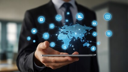 Create an image of a hand holding a floating digital tablet, from which a network of connected devices emerges, including laptops and smartphones