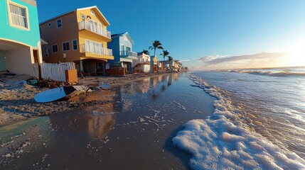 A coastline with resilient housing built to withstand climate change showcasing adaptive living environments