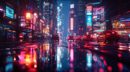 Obraz premium City at Night Background with Detailed Skyline Neon Signs and Vibrant Reflections