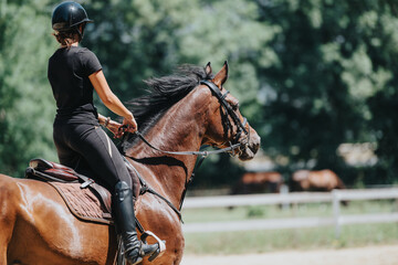 Woman enjoying a scenic ride on horseback, emphasizing outdoor equestrian activities and the bond...