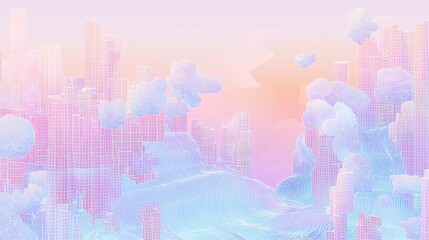 Abstract Cityscape with Wavy Lines and Clouds