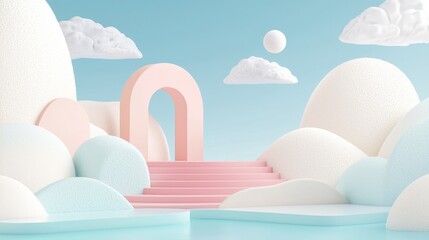 Abstract Minimalist Pastel Pink and Blue  D Scene with Arch and Steps