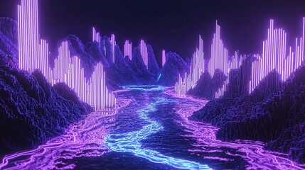 Abstract Neon Cityscape with River and Glowing Lines