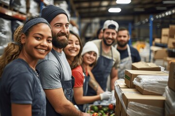 Diverse Volunteers Screening Food at Local Non-Profit Warehouse