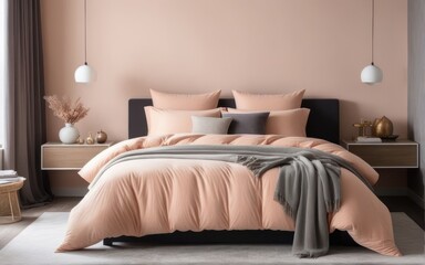 A comfy bedroom with a bed dressed in soft peach fuzz color bedding. Modern trendy tone hue shade