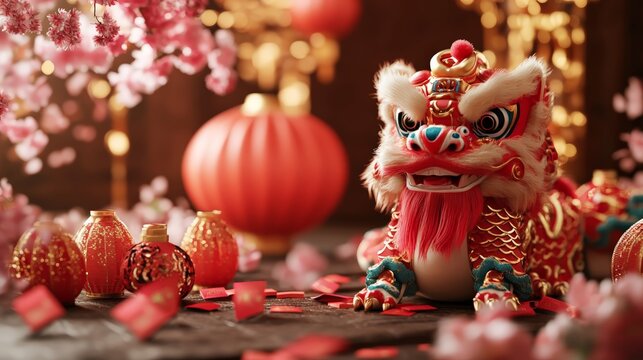 5. Chinese New Year scene, red and gold background with dragon and lion dance motifs, firecrackers and red envelopes scattered, lanterns and cherry blossoms adding festive cheer, vibrant and lively,
