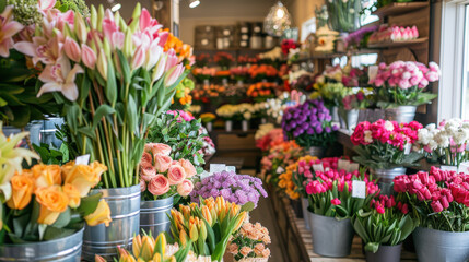 A bustling flower shop with a vibrant array of fresh, colorful flowers, perfect for any celebration.