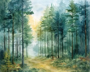 Obraz premium Coniferous forest with tall trees, Fantasy, Earthy, Watercolor, Emphasizing natural beauty