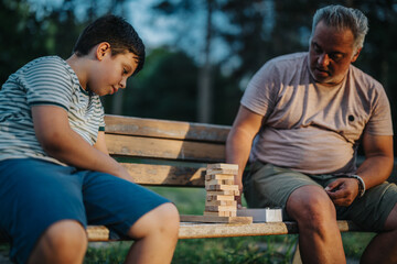 A father and son enjoying a peaceful day in the park, playing with wooden building blocks. This image captures a moment of bonding and connection, highlighting family time and simple joys.