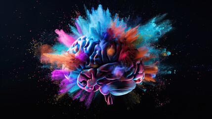A colorful brain made of a powder paint explosion on a black background