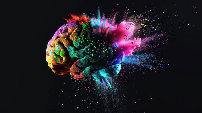 A colorful brain made of a powder paint explosion on a black background