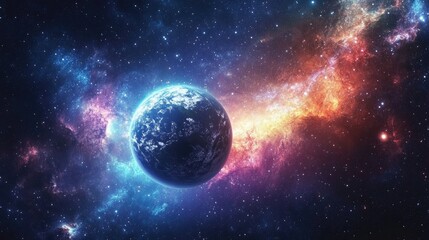 Obraz premium Vibrant galaxy with bright stars and nebulae, with Earth visible from the edge of the universe