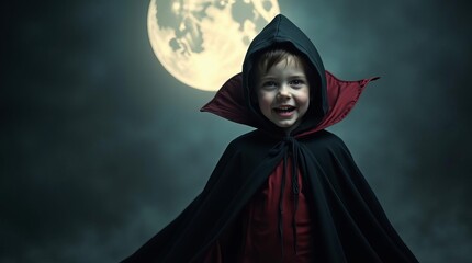 Spooky Child in Red Hooded Cape with Eerie Smile on Dark Halloween Night Under Full Moon