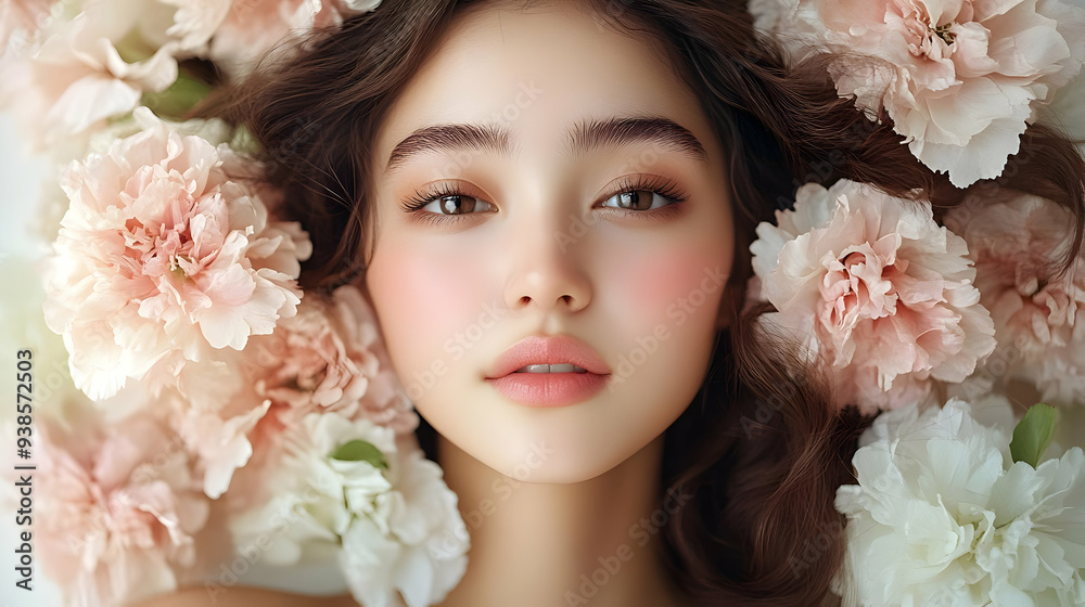 Poster Portrait of a beautiful woman with flowers around her face.