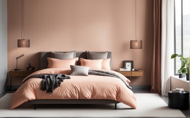 A comfy bedroom with a bed dressed in soft peach fuzz color bedding. Modern trendy tone hue shade