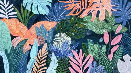 Tropical Leaves Pattern  Abstract Jungle Foliage  Green Blue Pink Illustration